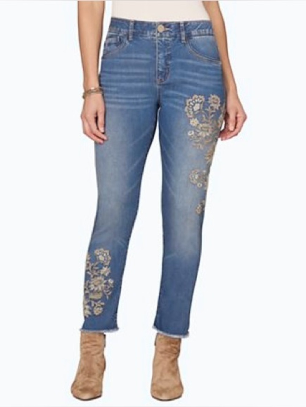 DEMOCRACY 12 Ab Solution High-Rise Floral Embroidery Raw Hem Ankle Jeans